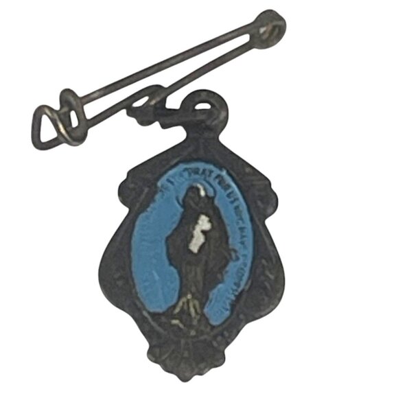 Vintage Religious Medal Pin With Madonna & Child In Blue Oval - Picture 1 of 6